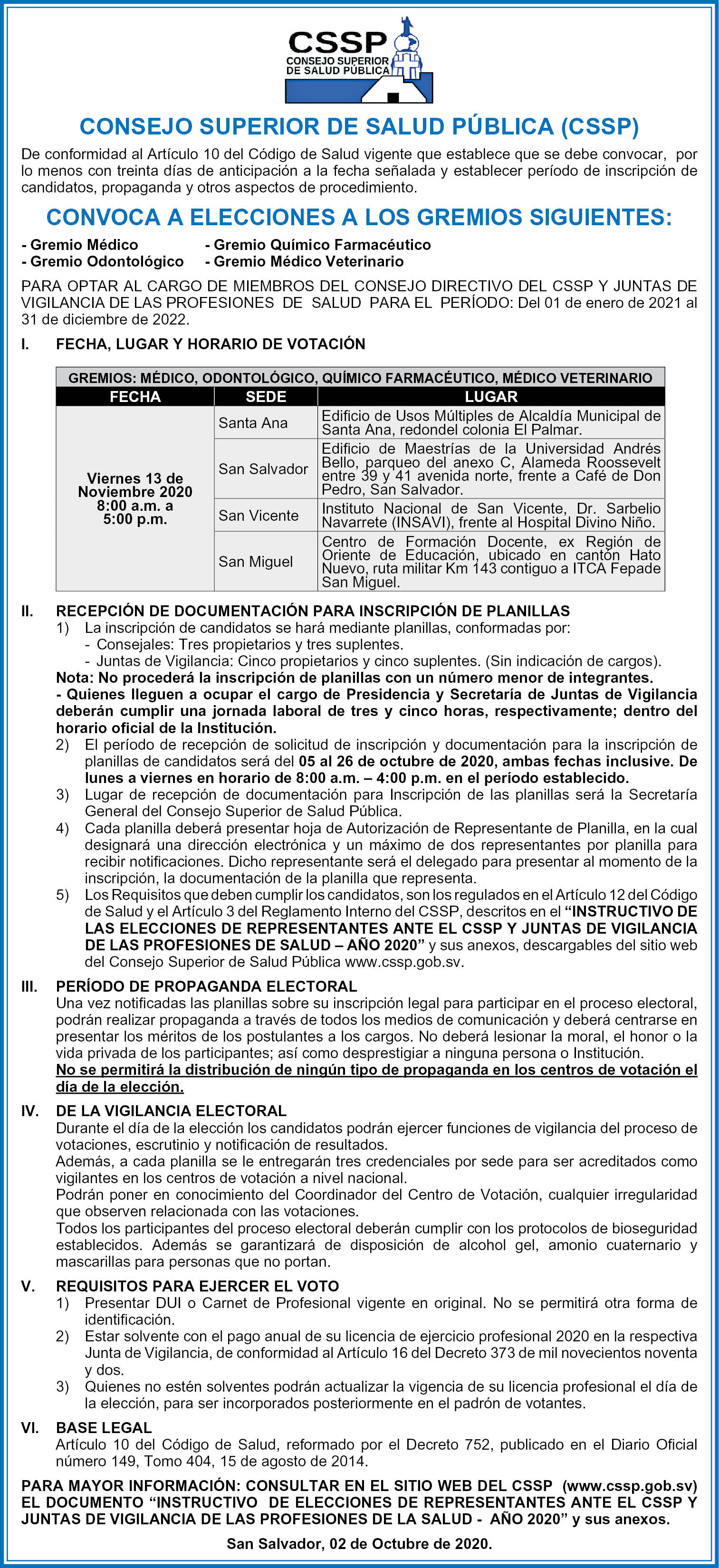 CONVOCATORIA A ELECCIONES 2020
