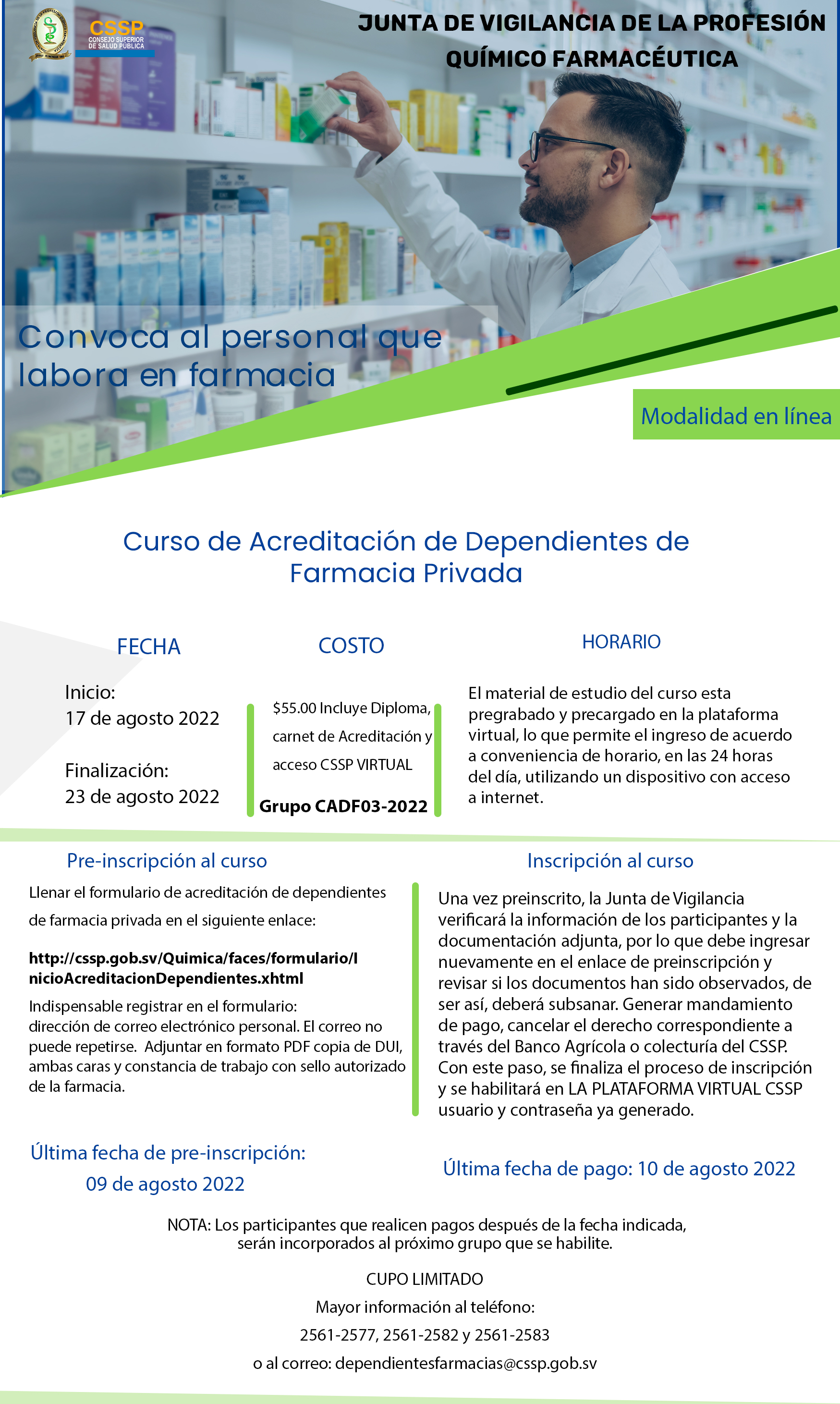 Convocatoria a Curso de Dependientes de Farmacia – Julio 2022